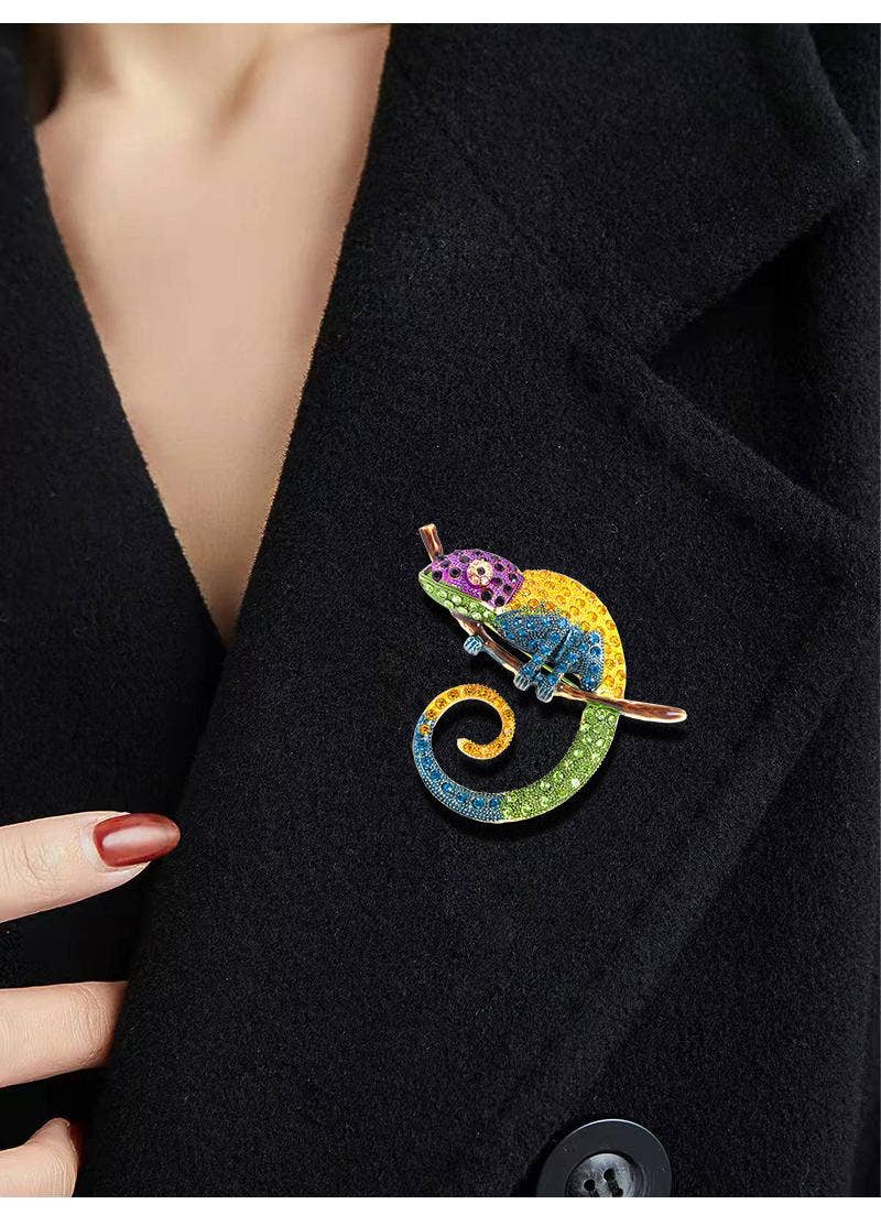 Diamond colored chameleon brooch lizard pin