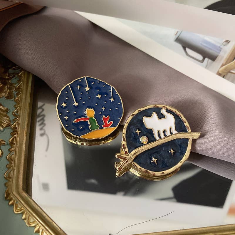 Cartoon Starry Sky Cat & Little Prince Enamel Brooch