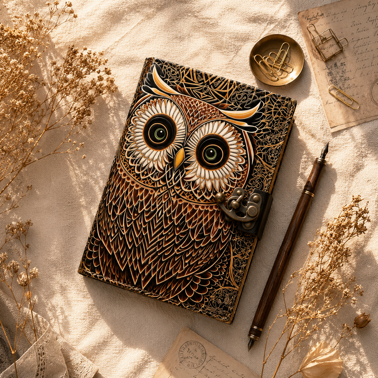 Owl Leather Journal with Lock – Handmade Deckle Edge