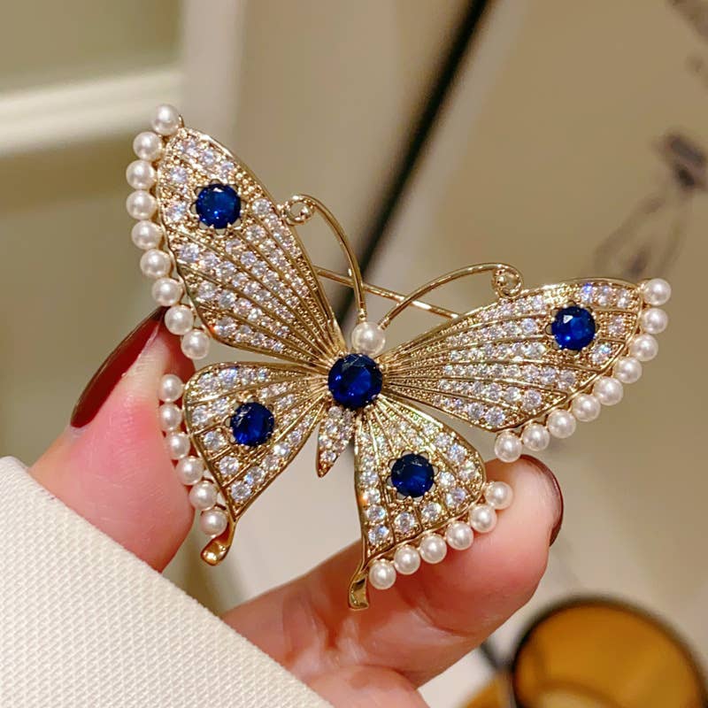 Pearl & Rhinestone Butterfly Brooch, Gold-Tone Elegant Pin