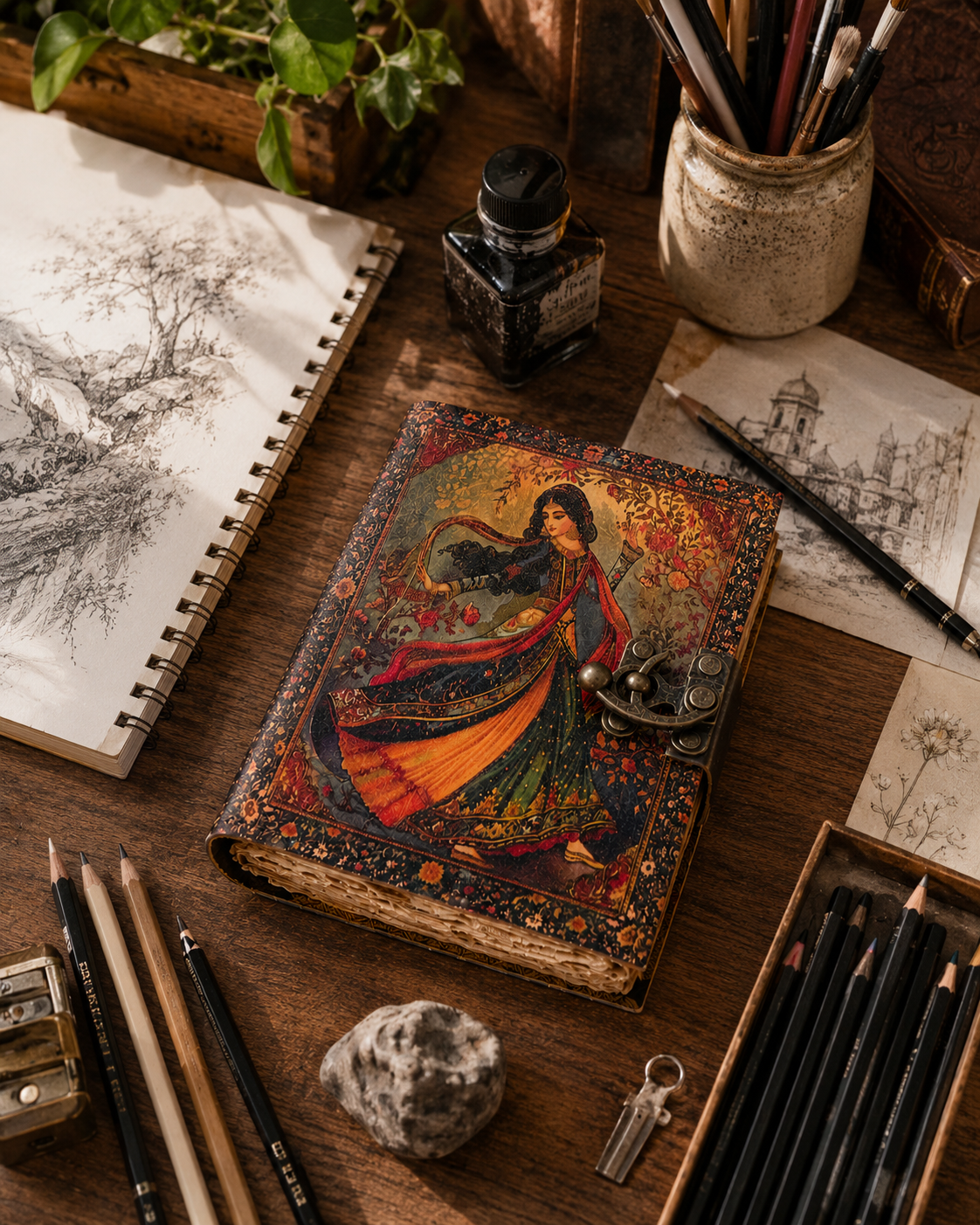 Leather Journal with Brass Lock Persian Art Diary Gift Shops