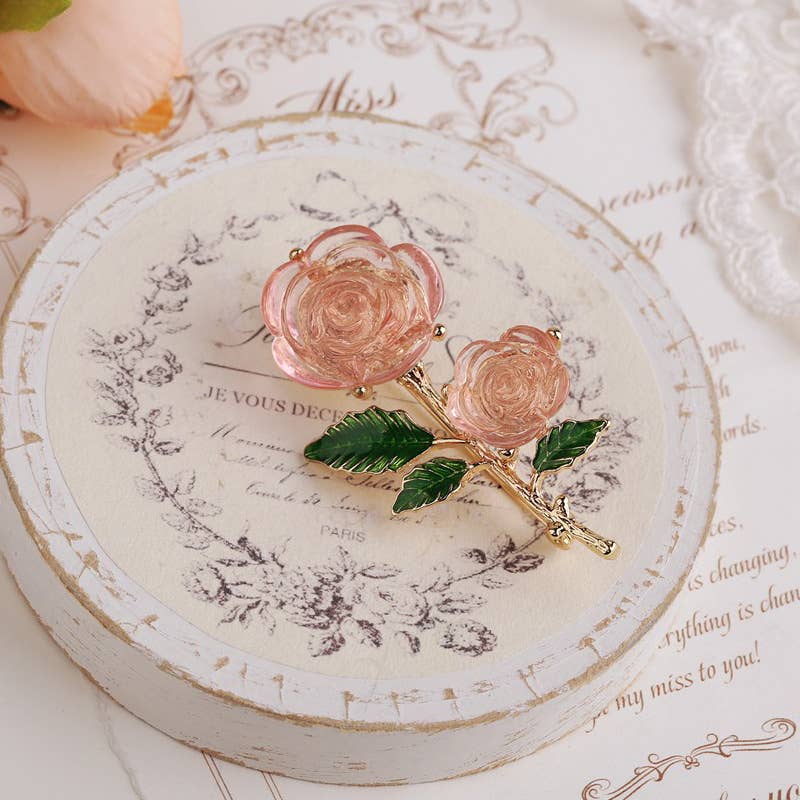 Sweet Transparent Pink Rose Flower Brooch & Earrings