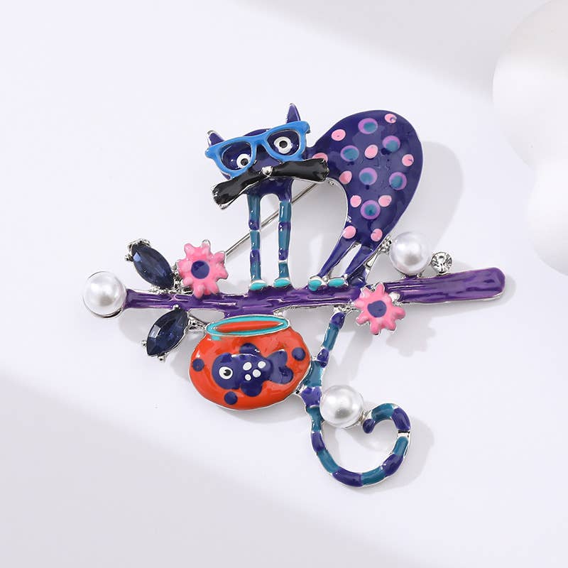 Whimsical Polka Dot Cat - on - Branch Brooch with Pearls