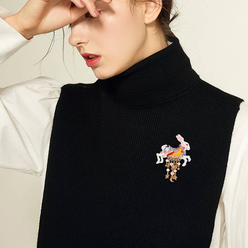 Alloy Rhinestone Rabbit Star Moon Tassel Brooch