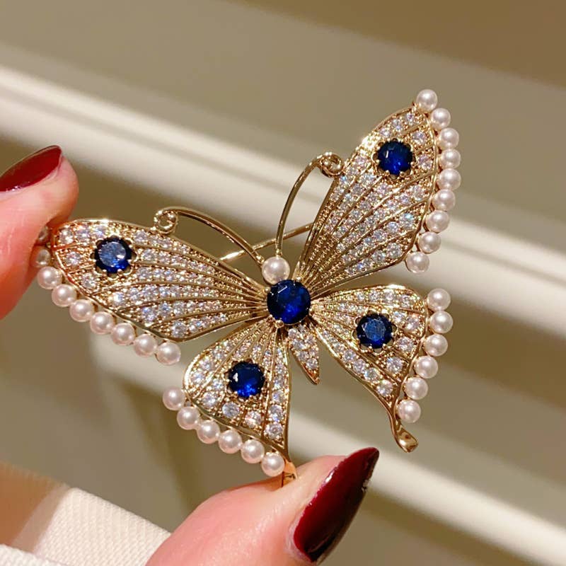 Pearl & Rhinestone Butterfly Brooch, Gold-Tone Elegant Pin