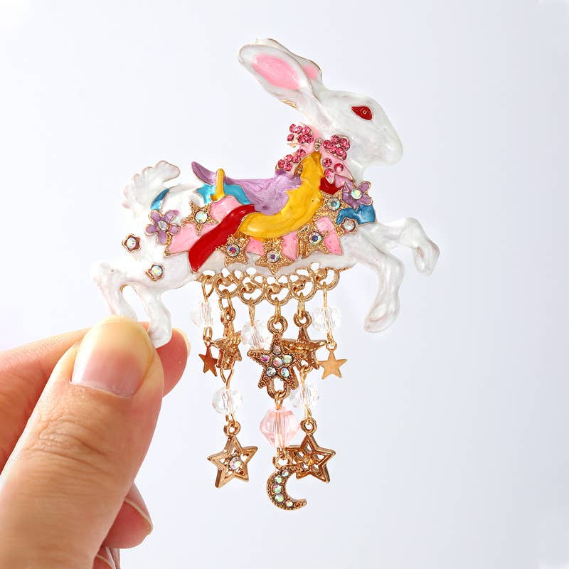 Alloy Rhinestone Rabbit Star Moon Tassel Brooch