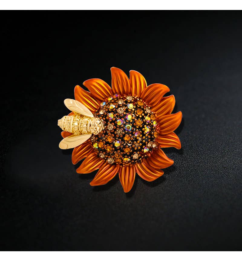 Sunflower Bee Brooch, Gold Sunflower Diamond Pin