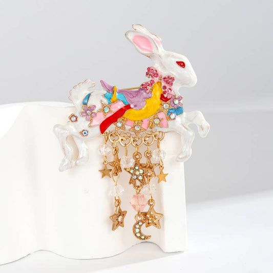 Alloy Rhinestone Rabbit Star Moon Tassel Brooch