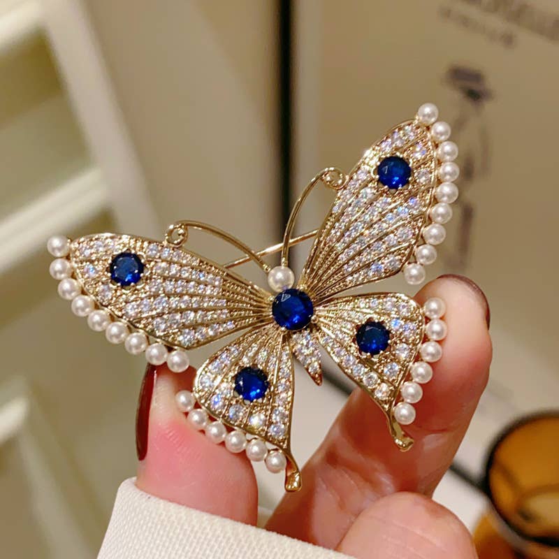 Pearl & Rhinestone Butterfly Brooch, Gold-Tone Elegant Pin