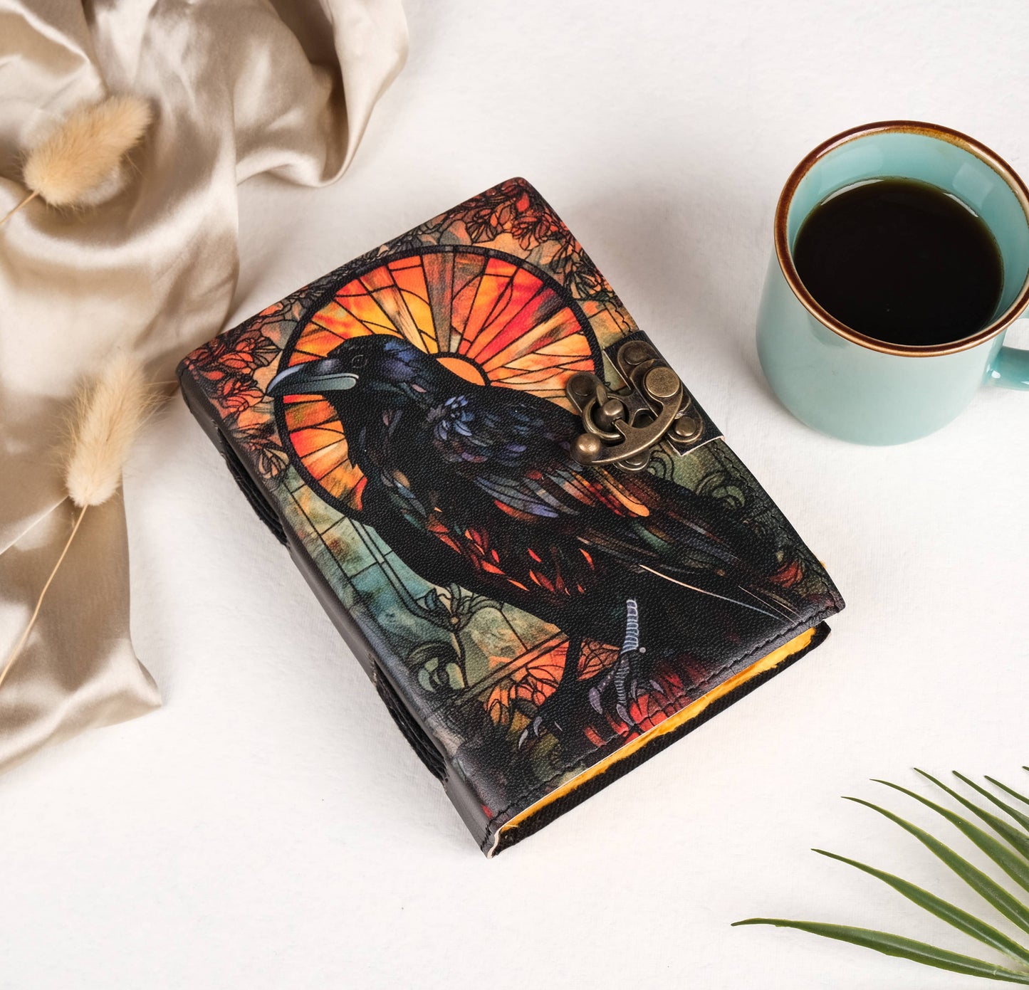 Leather Journal Blank Vintage Notebook with Crow UV Print