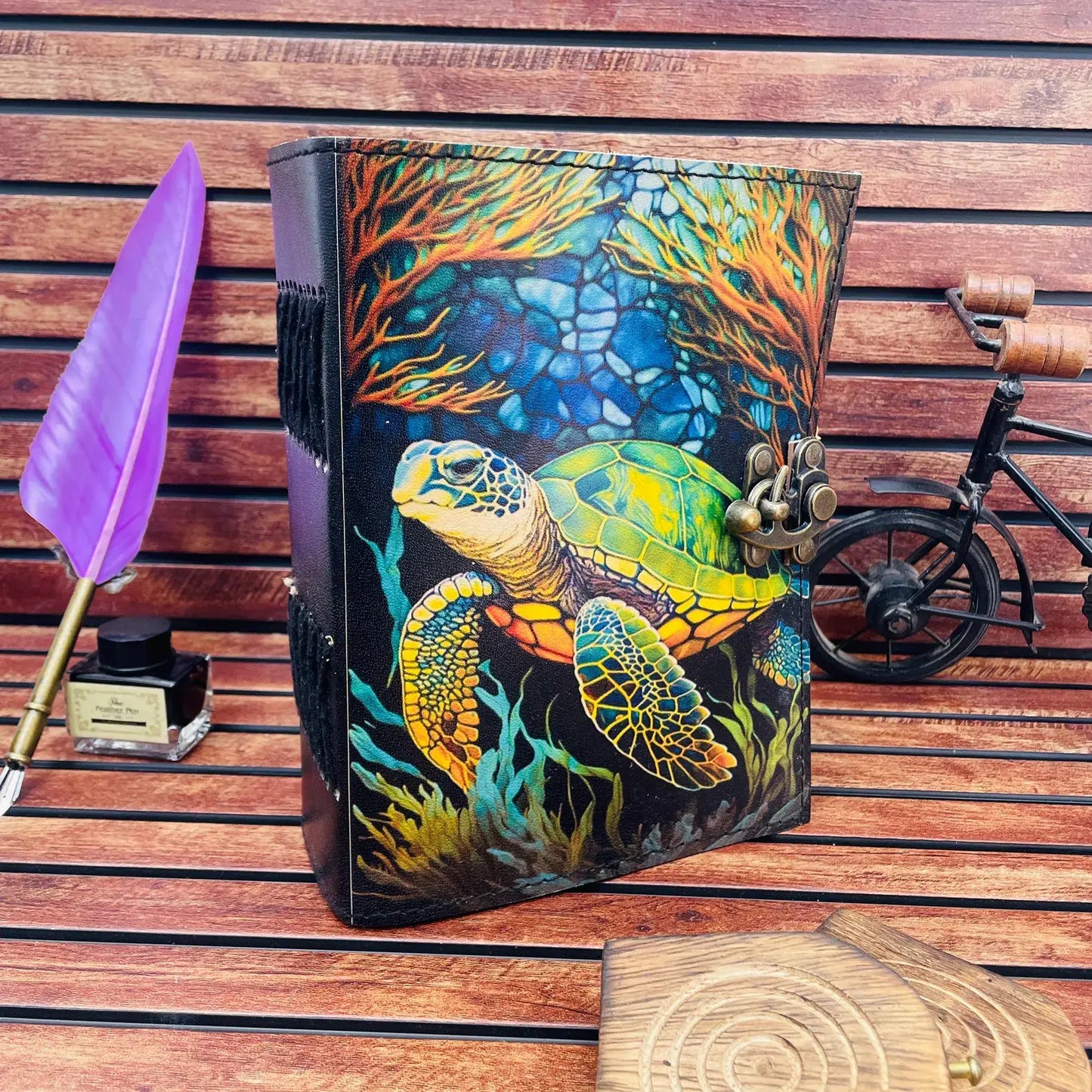 Leather Journal Blank Vintage Notebook with Turtle Print
