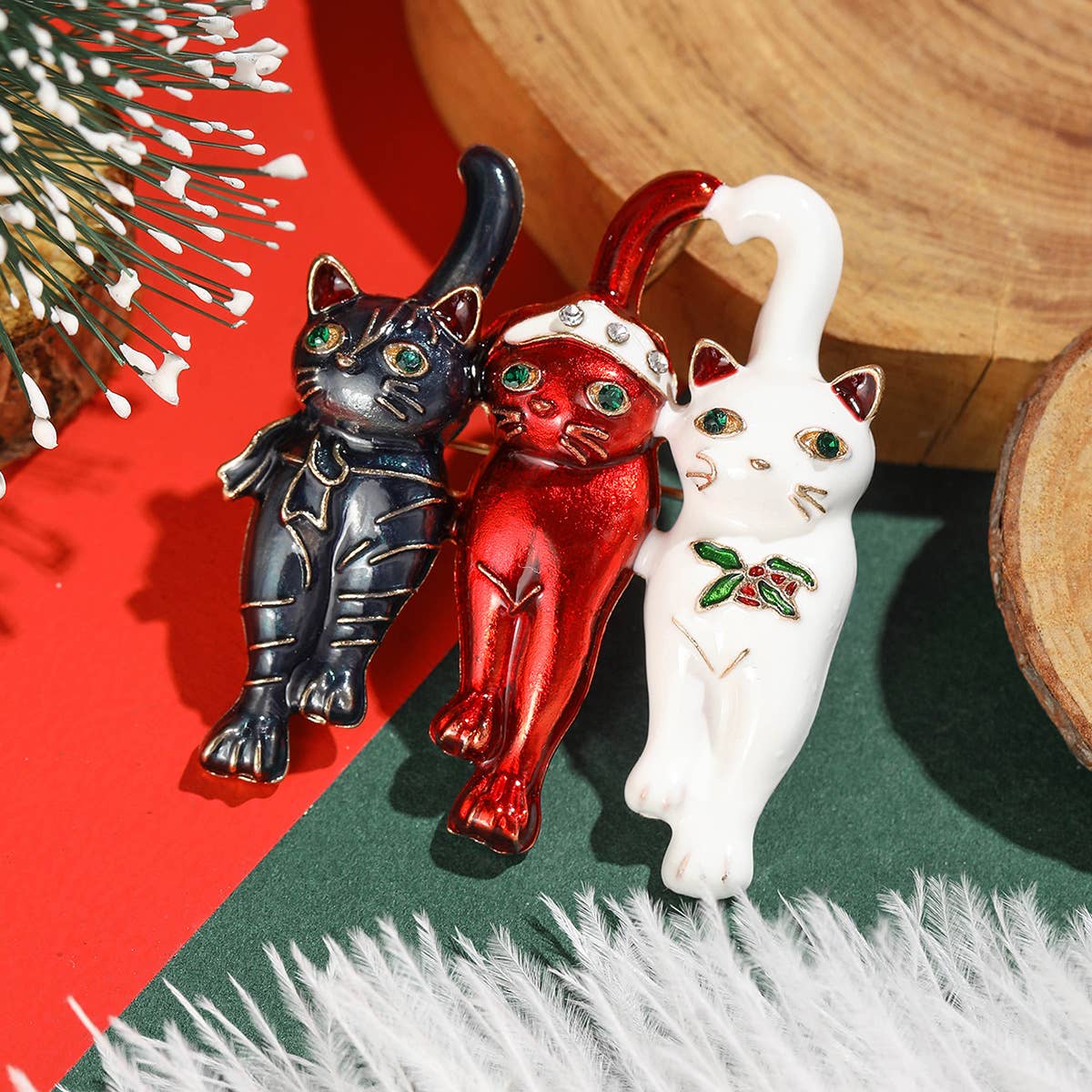 Playful Triple Enamel Cats Christmas Brooch, Festive Pin