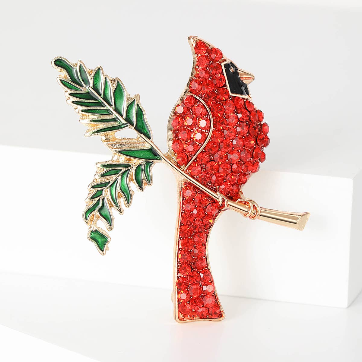 Cardinal Rhinestone Brooch, Red Bird & Leaf Statement Pin