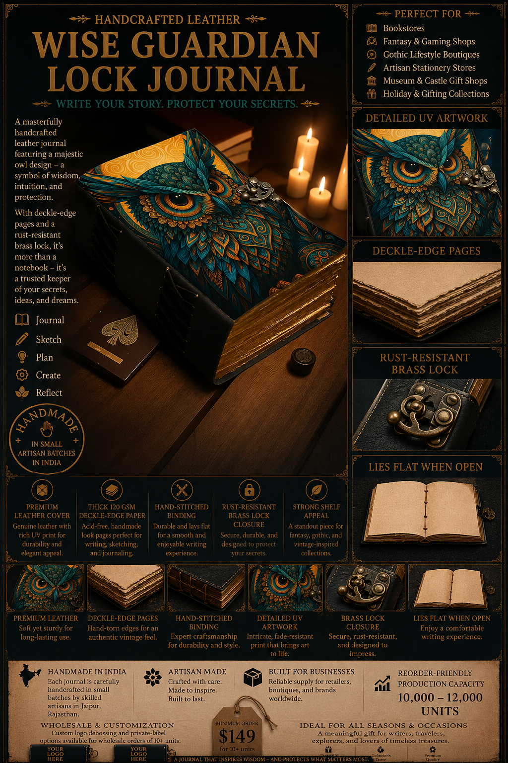 Leather Journal Blank Vintage Notebook with 3D Owl Print  