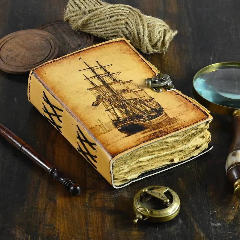 Grimoire Vintage Sailing Ship Boat Leather Journal Handmade
