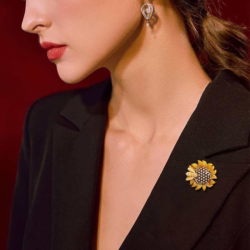 Sunflower Bee Brooch, Gold Sunflower Diamond Pin