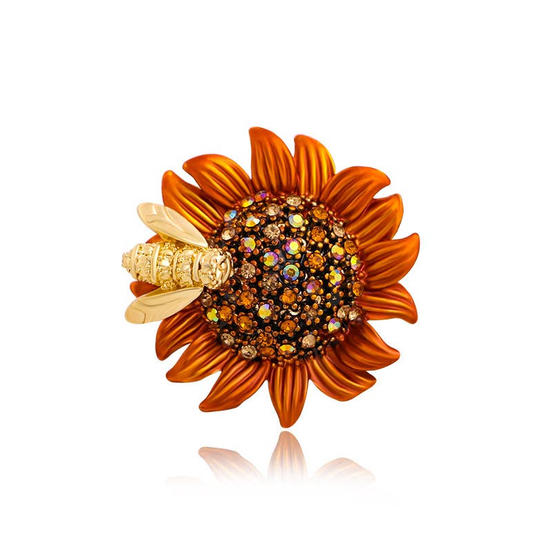 Sunflower Bee Brooch, Gold Sunflower Diamond Pin