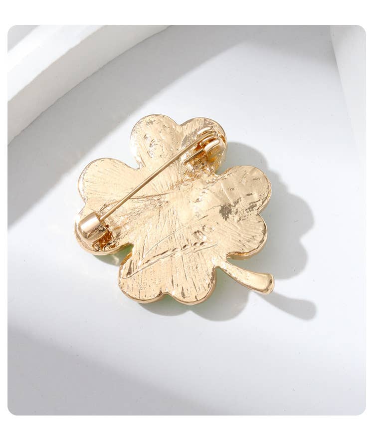 Enamel Leaf & Ladybug Accent Four-Leaf Clover Brooch