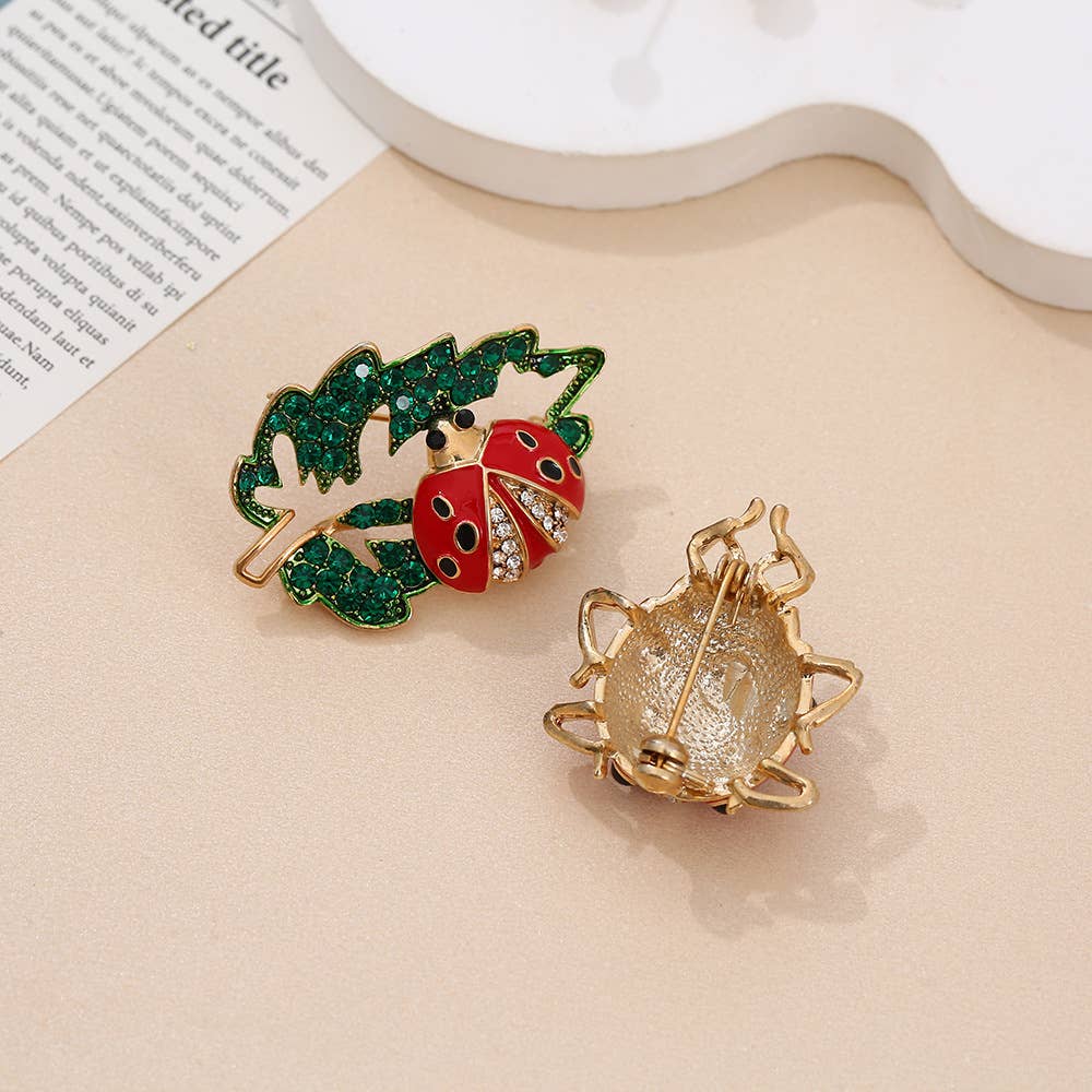 Enamel & Rhinestone Ladybug Brooch, Cute Insect Pin