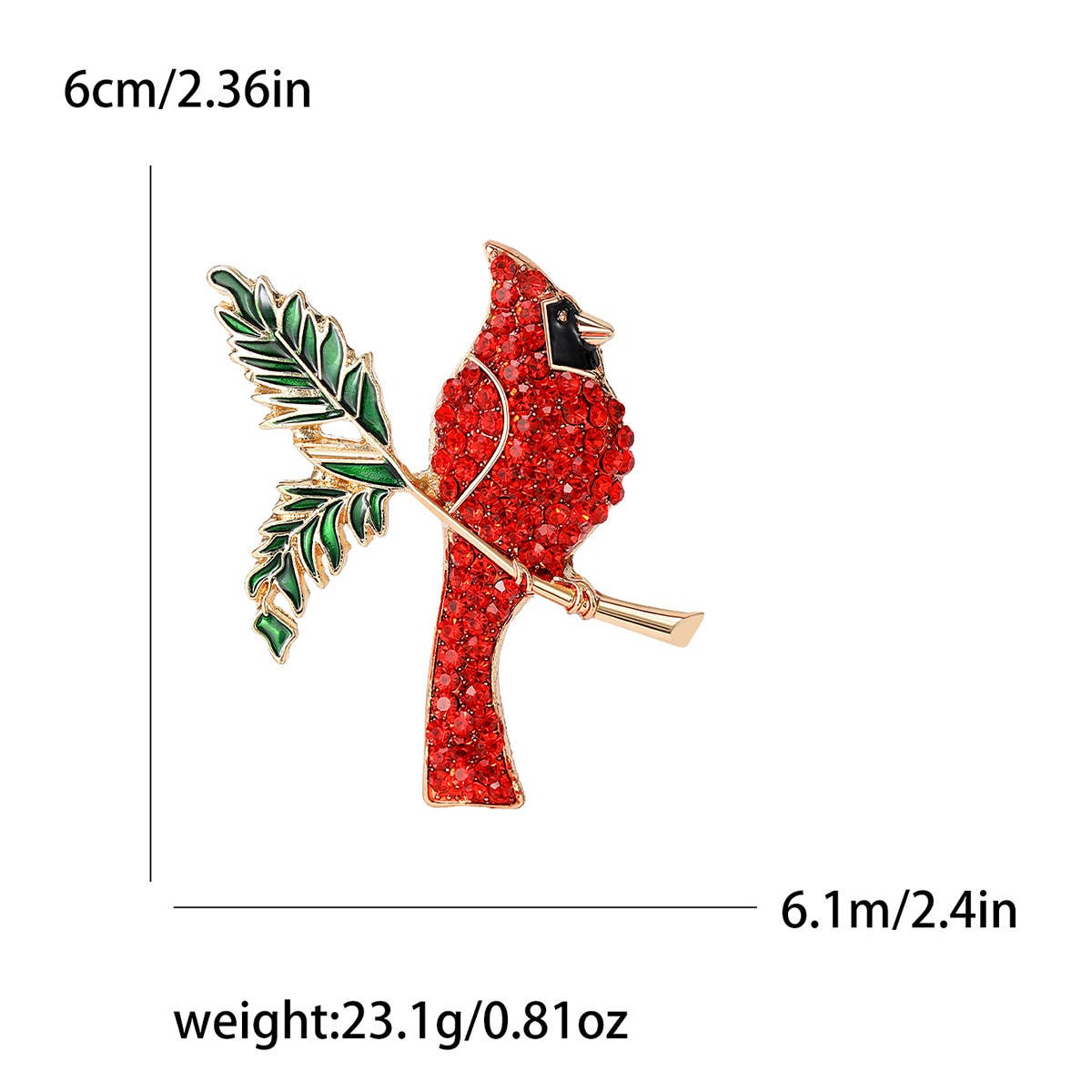 Cardinal Rhinestone Brooch, Red Bird & Leaf Statement Pin