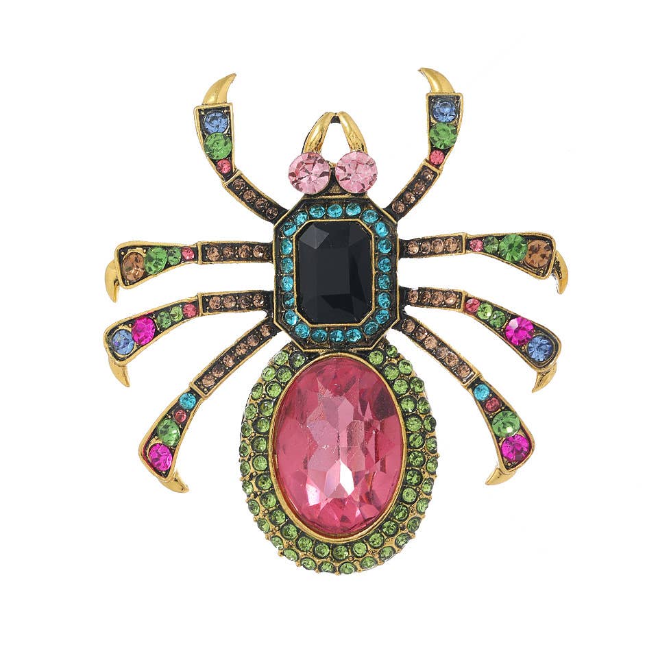 Glamorous Multi - Colored Crystal Spider Brooch