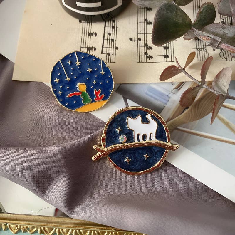 Cartoon Starry Sky Cat & Little Prince Enamel Brooch