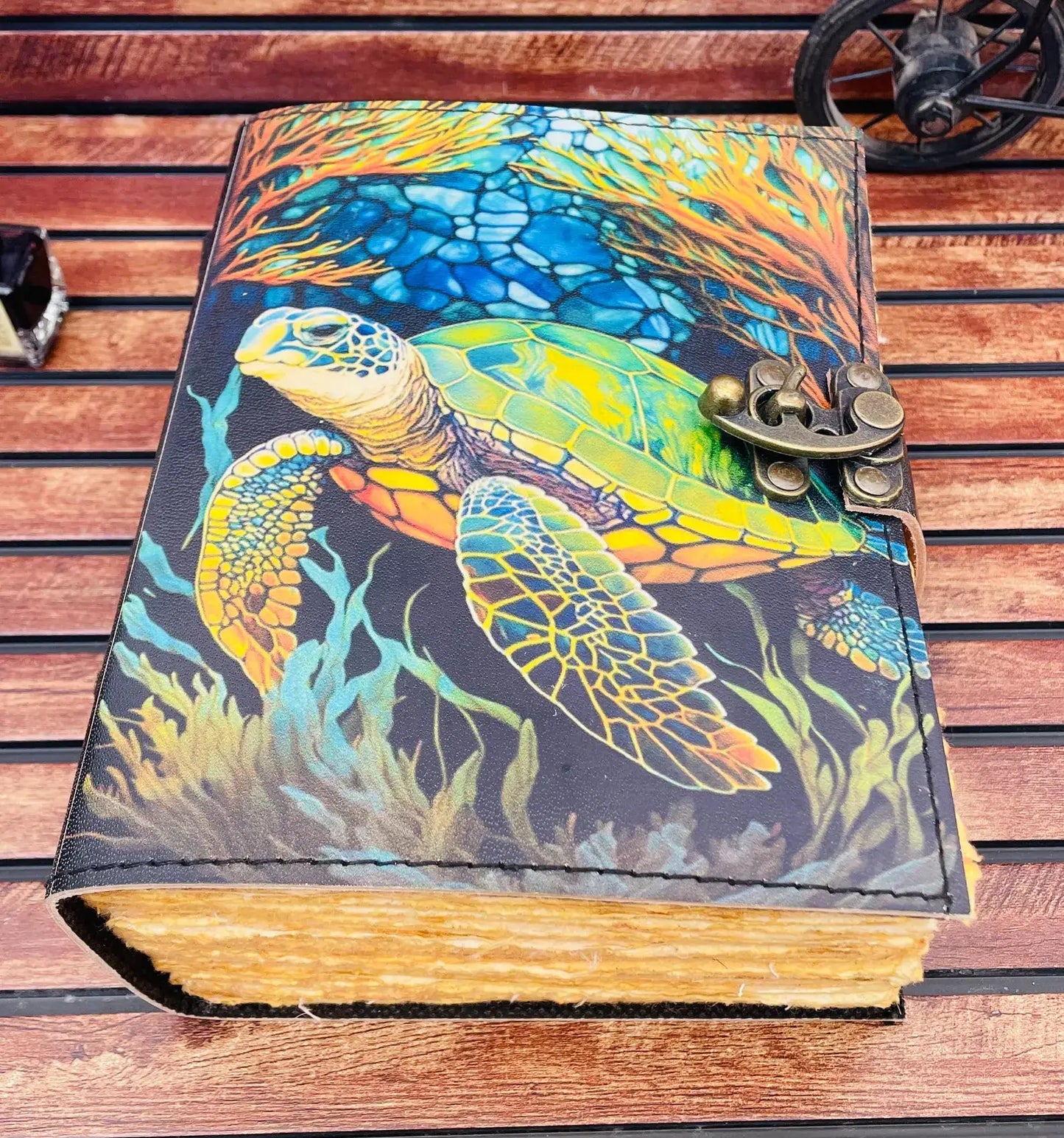 Leather Journal Blank Vintage Notebook with Turtle Print