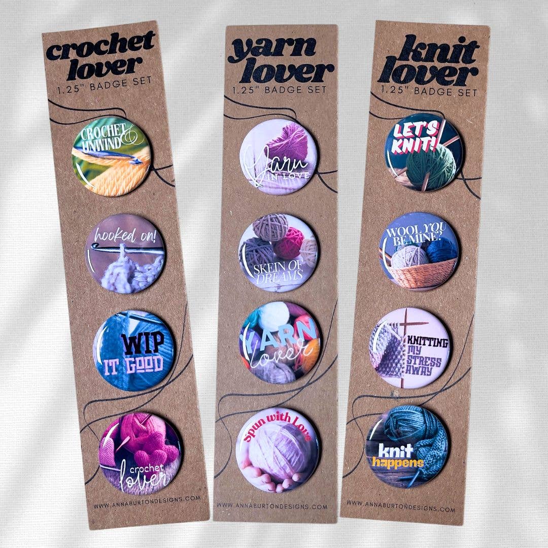 Yarn, Crochet and Yarn Pin Badge and Magnet Sets