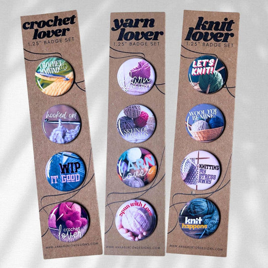 Yarn, Crochet and Yarn Pin Badge and Magnet Sets