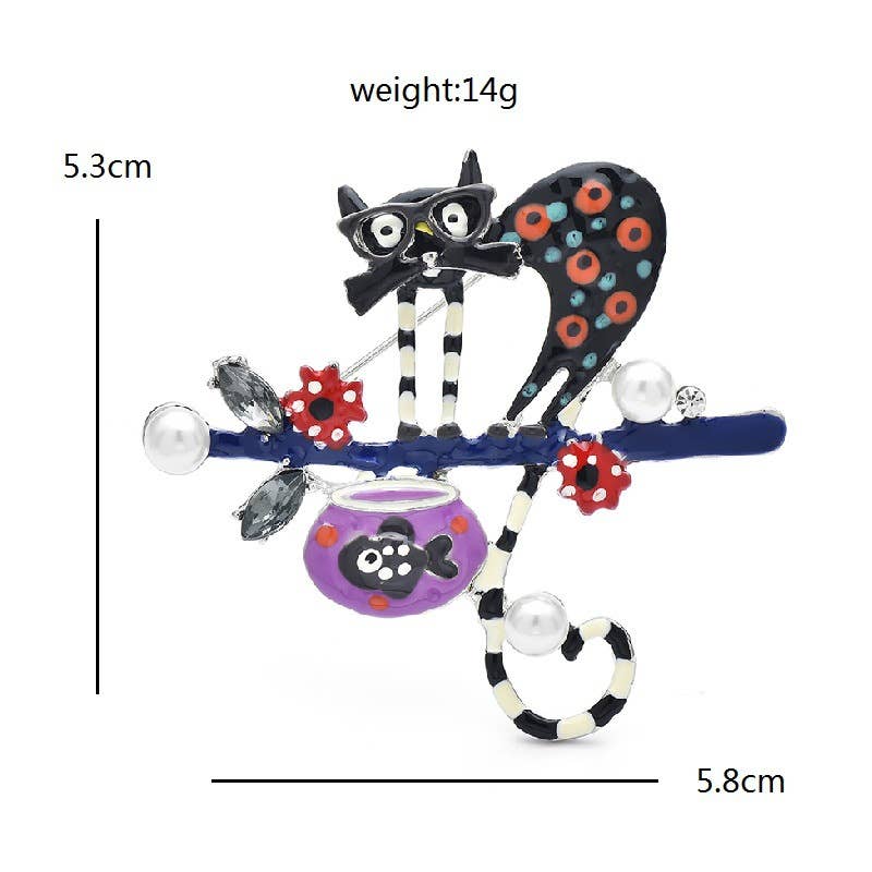 Whimsical Polka Dot Cat - on - Branch Brooch with Pearls