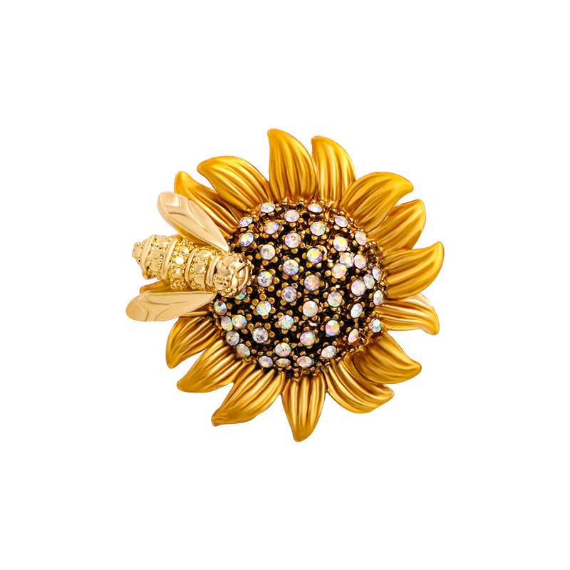 Sunflower Bee Brooch, Gold Sunflower Diamond Pin