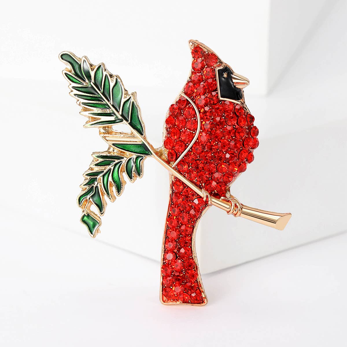 Cardinal Rhinestone Brooch, Red Bird & Leaf Statement Pin