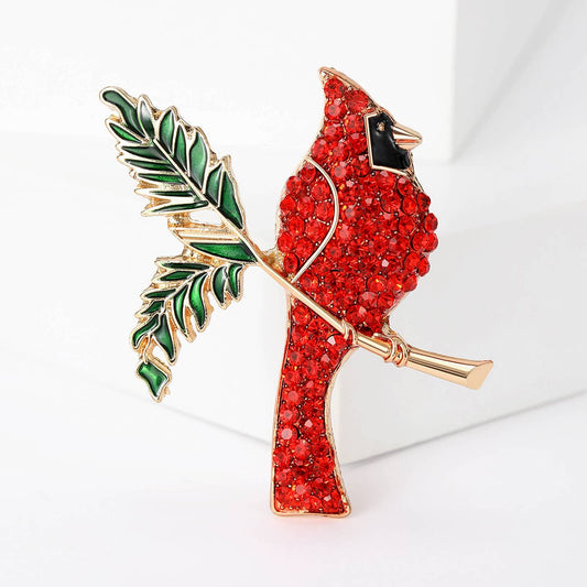 Cardinal Rhinestone Brooch, Red Bird & Leaf Statement Pin