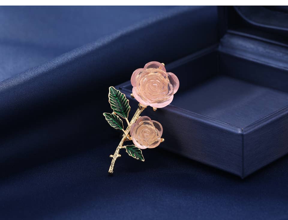 Sweet Transparent Pink Rose Flower Brooch & Earrings