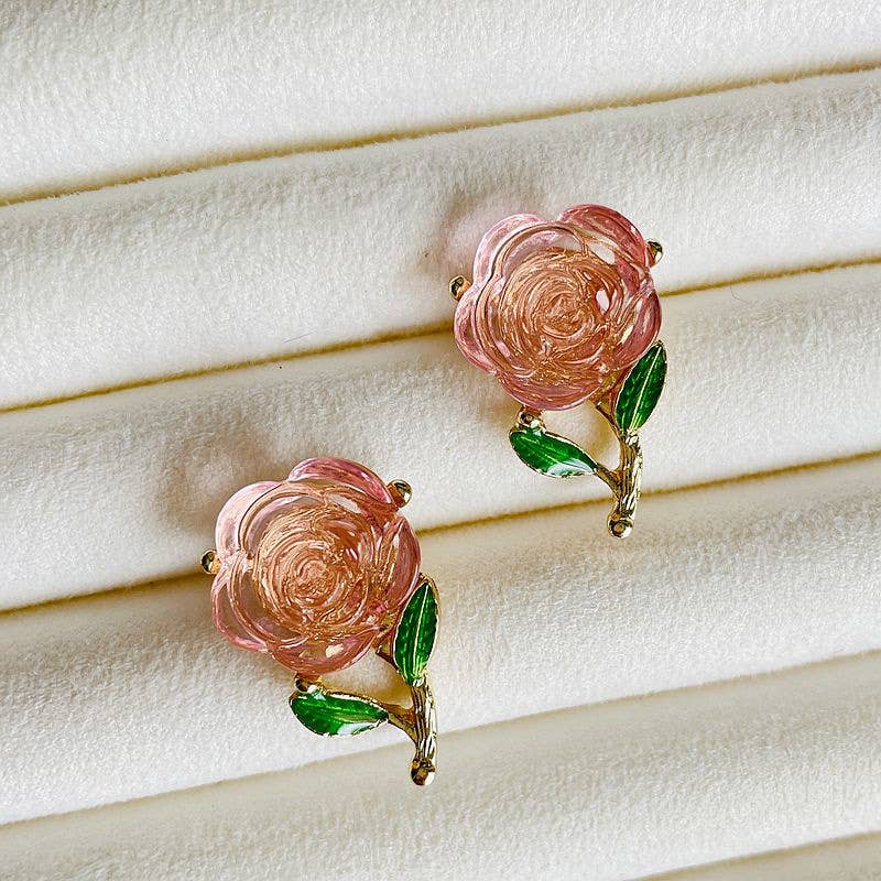 Sweet Transparent Pink Rose Flower Brooch & Earrings