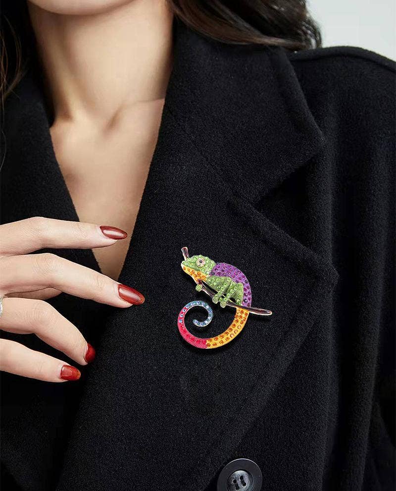 Diamond colored chameleon brooch lizard pin