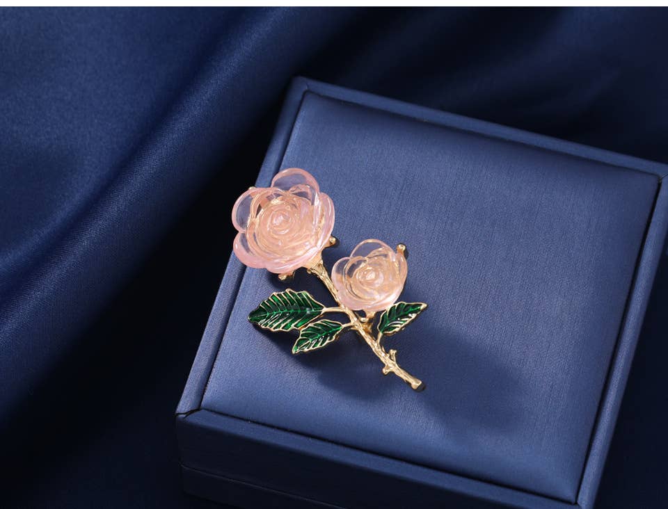 Sweet Transparent Pink Rose Flower Brooch & Earrings
