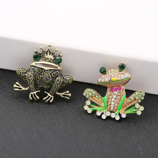 Enamel Crown Frog Prince Brooch, Rhinestone Frog Pin