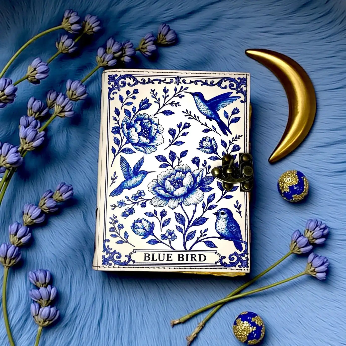 Leather Journal Blank Vintage Notebook with Blue Bird Print