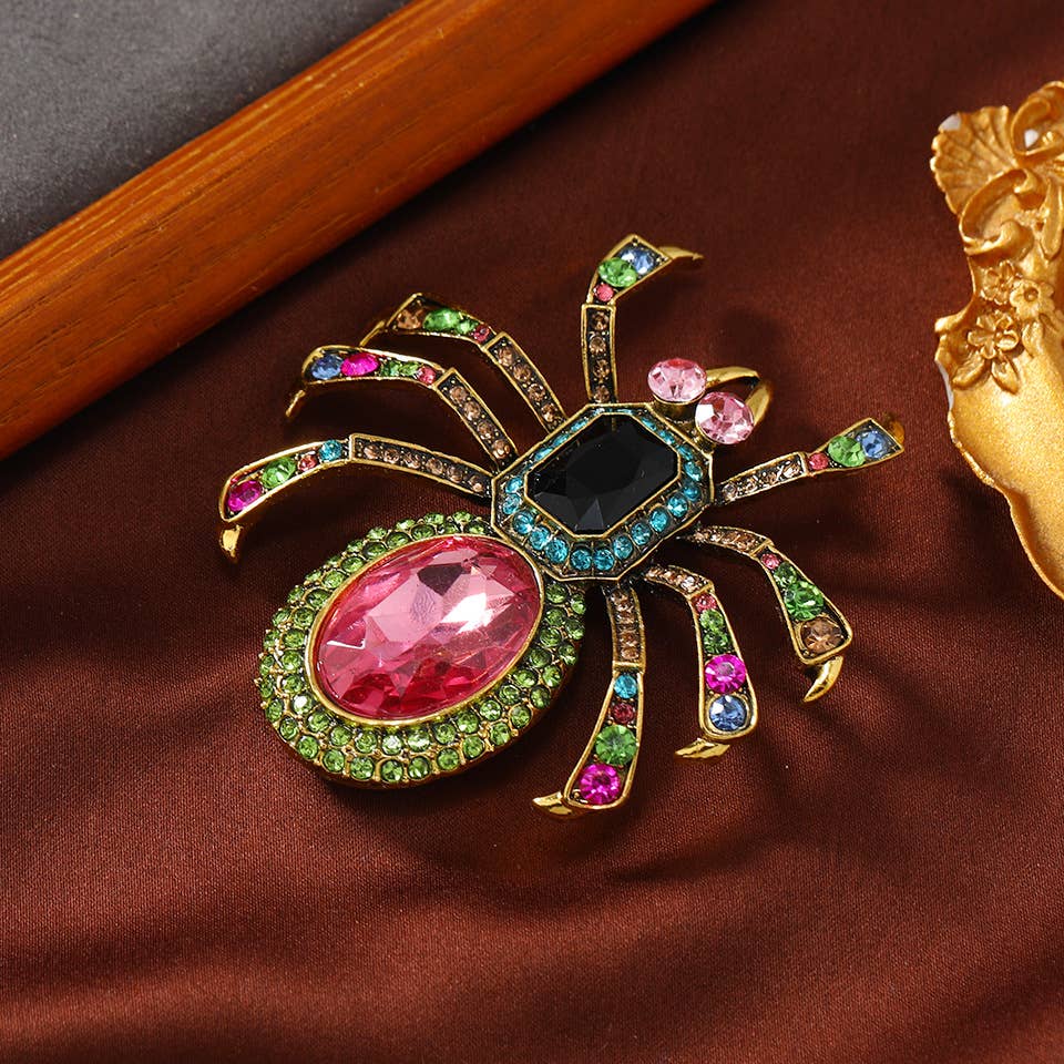 Glamorous Multi - Colored Crystal Spider Brooch