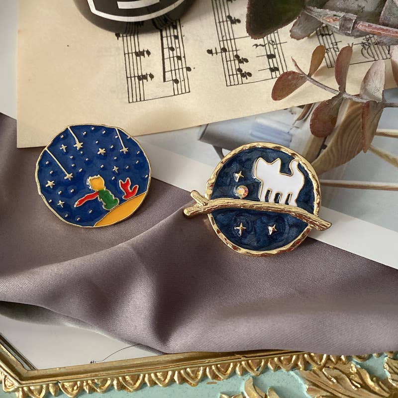 Cartoon Starry Sky Cat & Little Prince Enamel Brooch