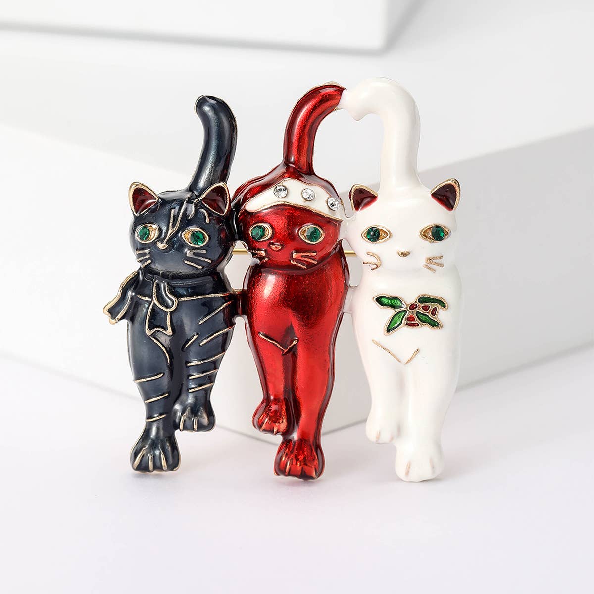 Playful Triple Enamel Cats Christmas Brooch, Festive Pin