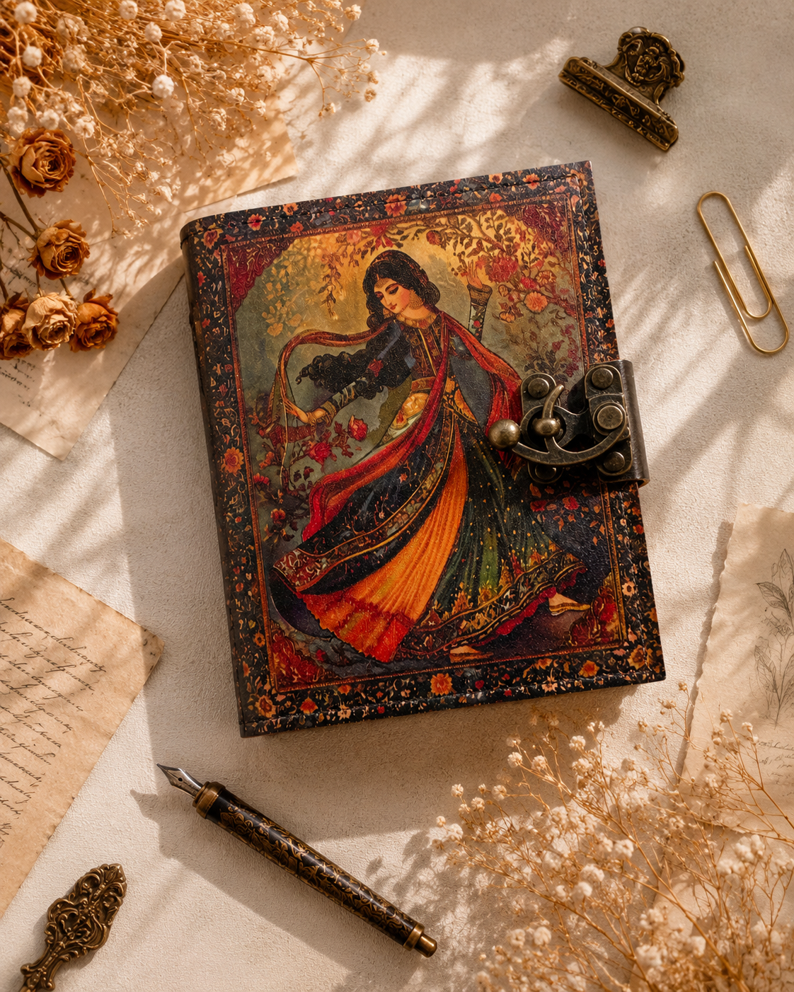 Leather Journal with Brass Lock Persian Art Diary Gift Shops