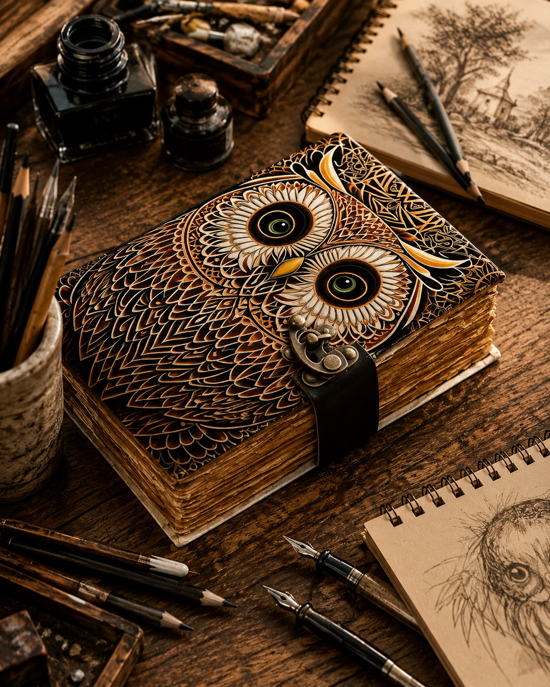 Owl Leather Journal with Lock – Handmade Deckle Edge