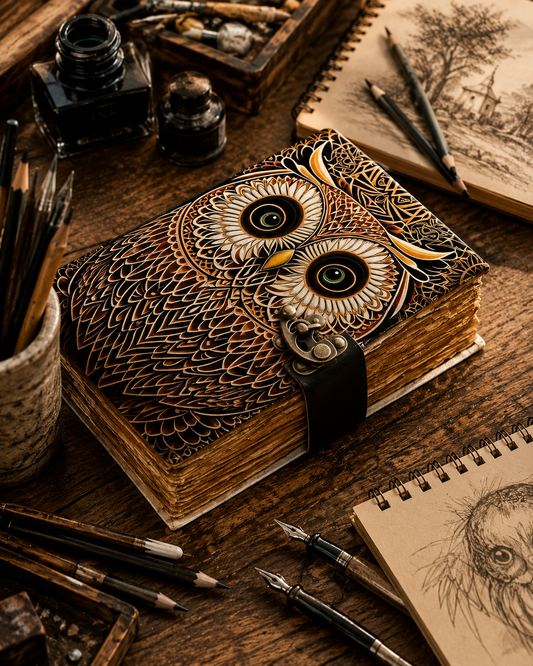 Owl Leather Journal with Lock – Handmade Deckle Edge