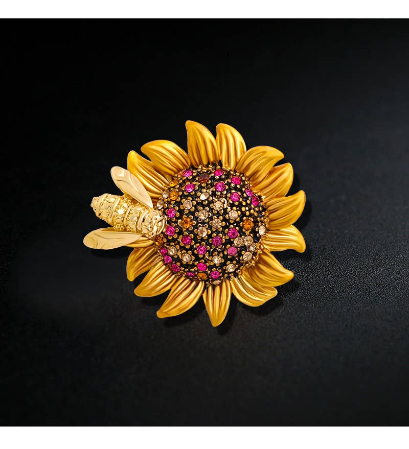 Sunflower Bee Brooch, Gold Sunflower Diamond Pin