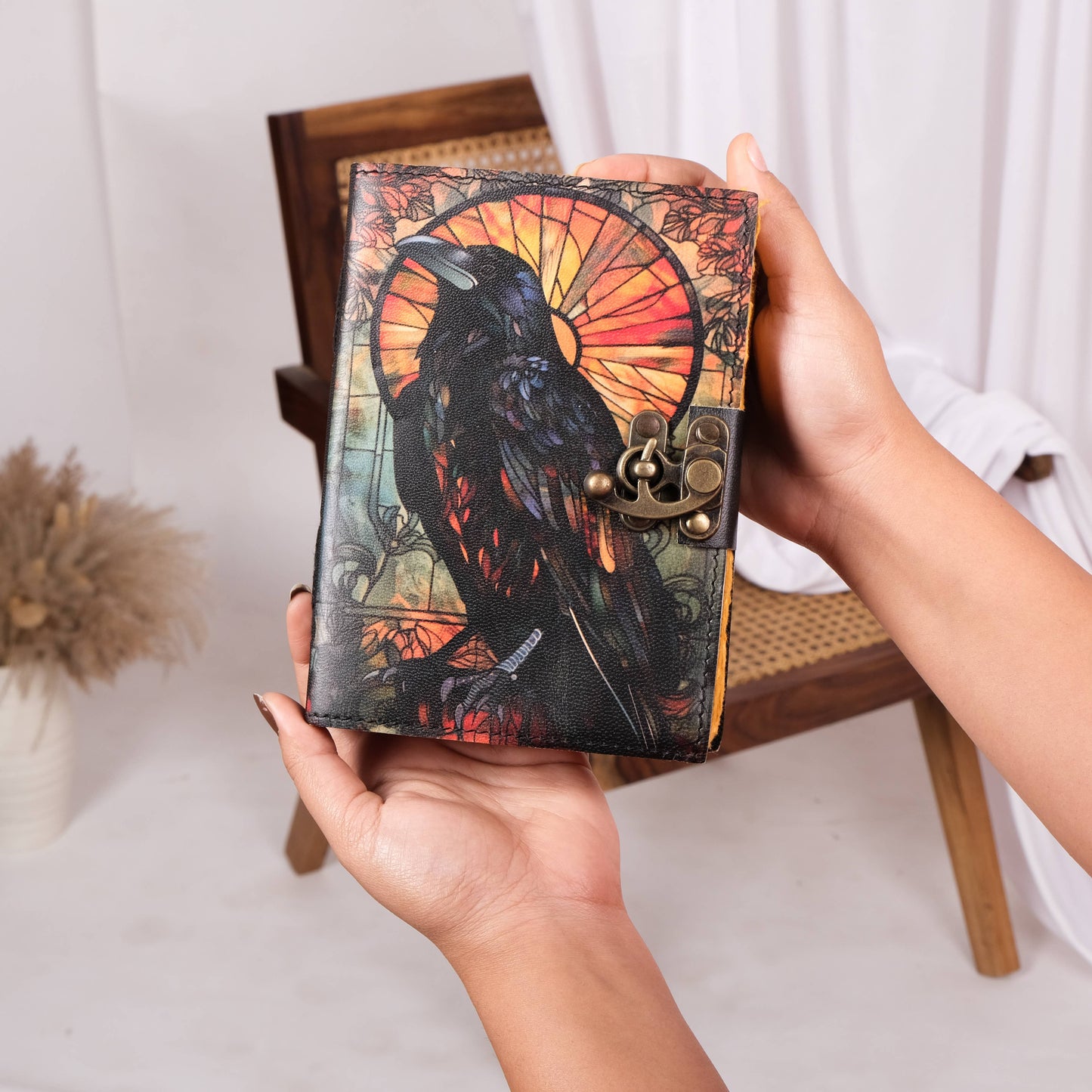 Leather Journal Blank Vintage Notebook with Crow UV Print