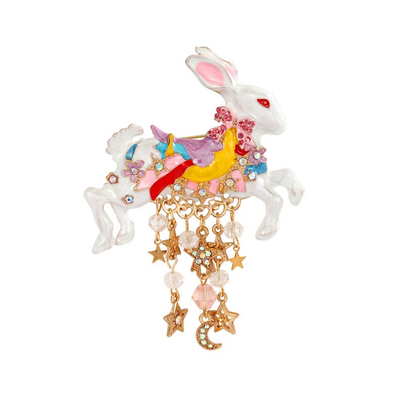 Alloy Rhinestone Rabbit Star Moon Tassel Brooch
