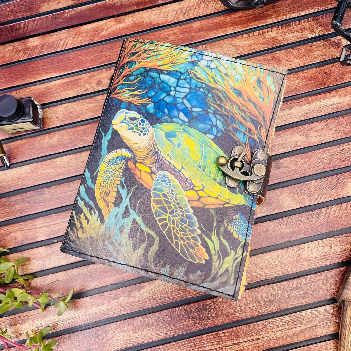 Leather Journal Blank Vintage Notebook with Turtle Print