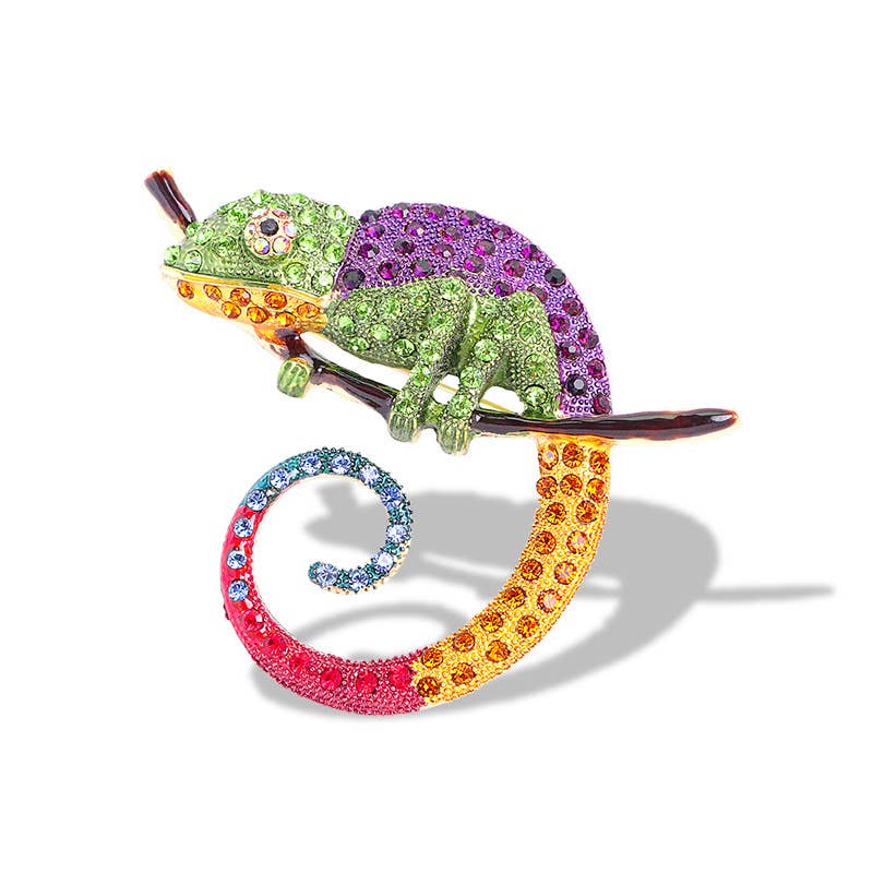 Diamond colored chameleon brooch lizard pin